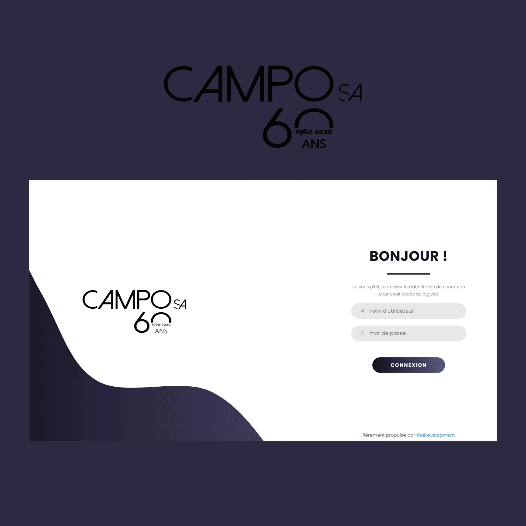 Logo de Campo SA et écran de connexion de la plateforme de gestion des heures