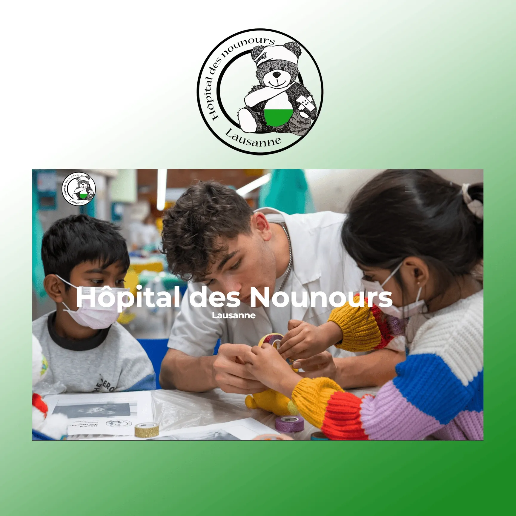 Logo de l'Hôpital des Nounours Lausanne et capture du site de l'association