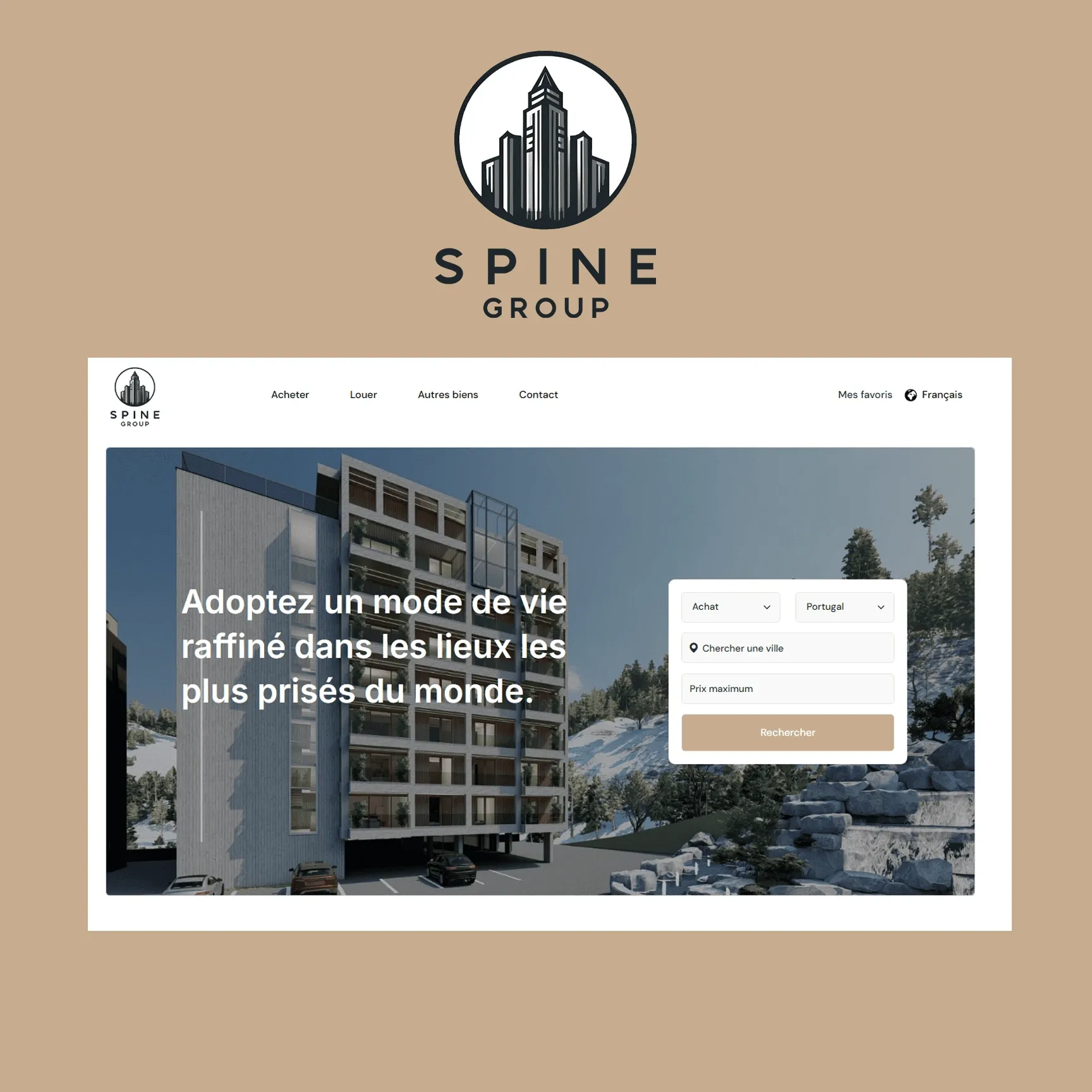 Logo de Spine Group et capture de la plateforme immobilière