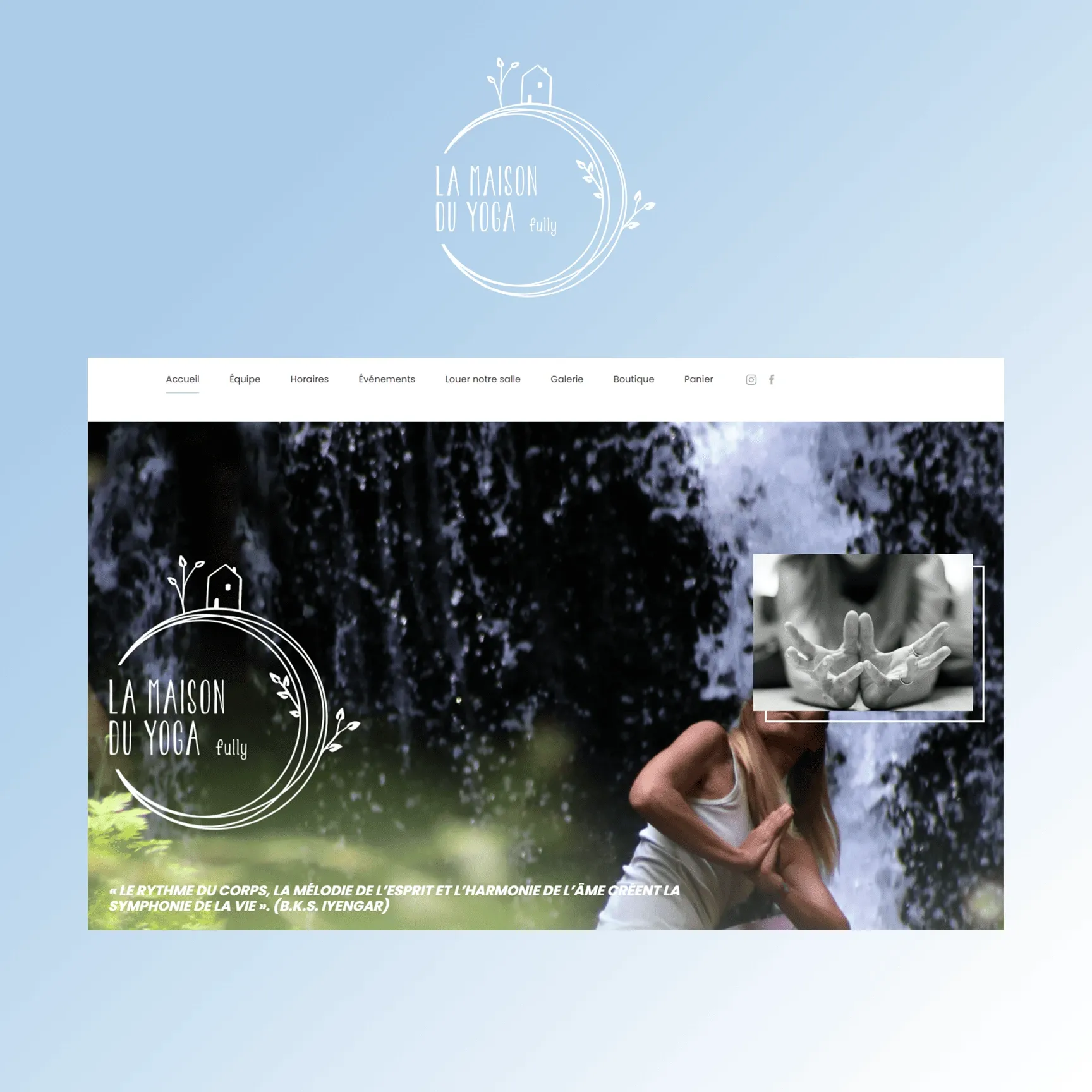 Logo de La Maison du Yoga et capture de la page d'accueil du site